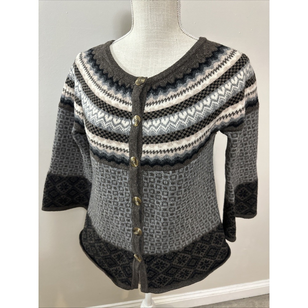 Sundance Med Cardigan Sweater Top 100% Wool Fair Isle Button Soft Knit Flared‎